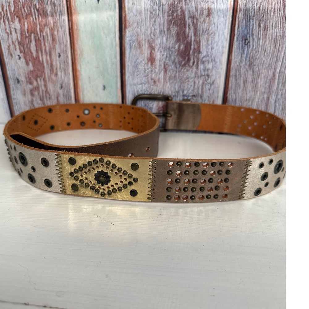 Fossil Patchwork Studded Bohemian Concho Leather Belt VTG Bronze Silver Gold L